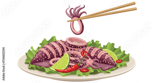 Grilled Squid Dish with Fresh Salad and Chopsticks.