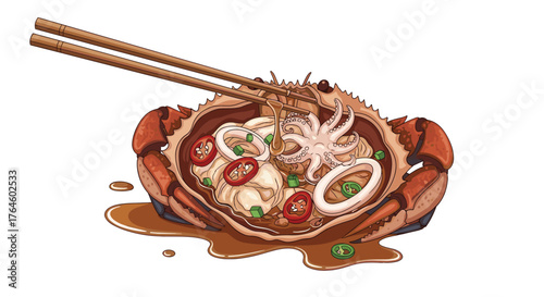 Delicious crab shell bowl with seafood and chopsticks.