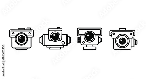 Collection of four hand drawn vintage cameras and modern action cameras doodle style vector