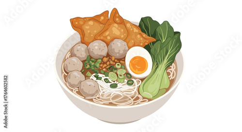 Delicious Indonesian Bakso Noodle Soup with Various Toppings.