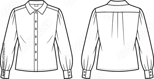 Women’s blouse flat sketch, princess seam fitted design, bishop sleeve garment drawing, pointed collar button down fashion illustration, cad drawing flat vector illustration