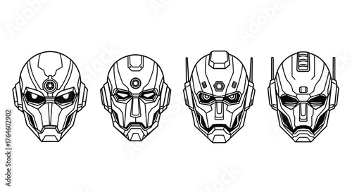 Four futuristic robot head designs detailed mechanical face line art sci fi concepts vector