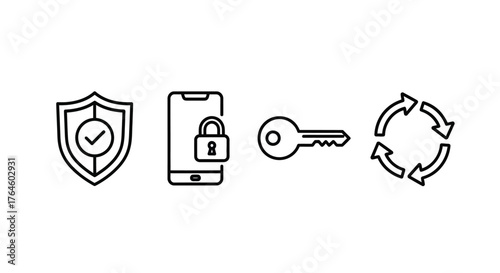 Digital security icons set featuring shield lock key and refresh symbols for online safety vector
