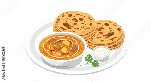 Indian Cuisine Plate with Paratha and Vegetable Curry.