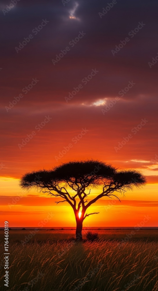 Fototapeta premium Serene African Sunset: Silhouette Tree in Golden Light