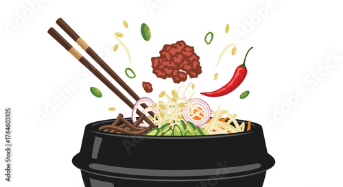 Delicious Korean Bibimbap Bowl with Chopsticks and Ingredients.