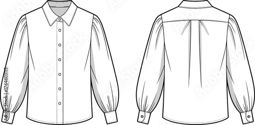 Foto Women’s blouse flat sketch, bishop sleeve button down design, pointed collar gar