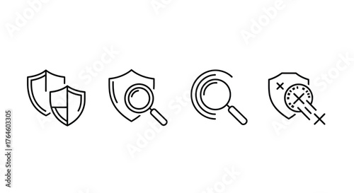 Set of hand-drawn shield and magnifying glass icons representing security analysis protection and investigation concepts vector