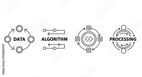 Digital data algorithm processing flowchart icons set for technology and business concepts vector