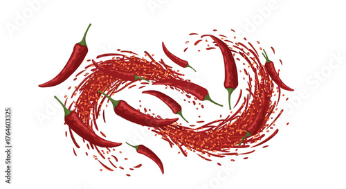 Red chili peppers and sauce splash on white background.