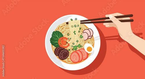 Delicious ramen bowl with chopsticks and various toppings.