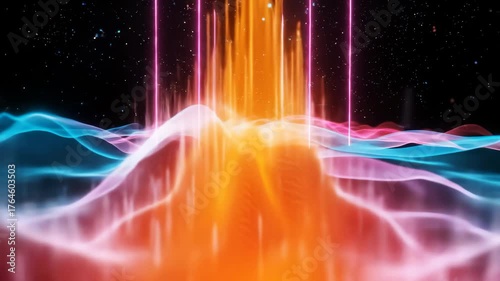 Futuristic digital artwork featuring vibrant colorful light streams, dynamic energy waves, and cosmic explosions in space, creating abstract motion scene with neon and luminous technology elements