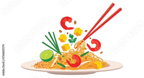 Delicious Pad Thai Noodles with Shrimp and Vegetables.