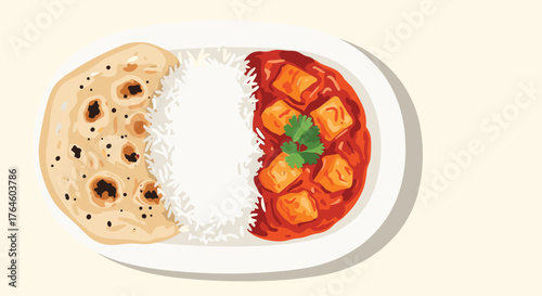 Delicious Indian Cuisine Platter with Rice, Curry, and Bread.