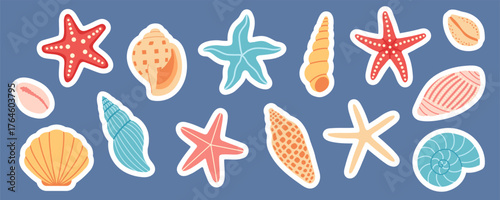 Sticker set of cartoon style beach seashells, starfish in bright colors. Isolated on blue background. For scrapbooking, summer, marine, vacation, beach, sea, tropical, ocean, card design. Flat vector.
