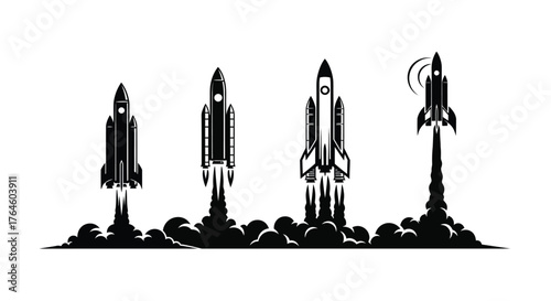 Four different spaceships launching with exhaust flames and smoke in silhouette style vector