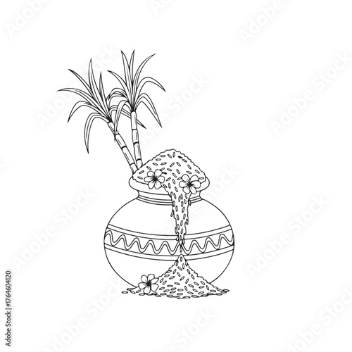 Vibrant harvest celebration pot overflowing with rice and sugarcane for festive occasions