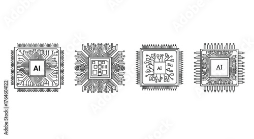 Four futuristic ai microchip icons representing artificial intelligence and advanced technology innovation vector