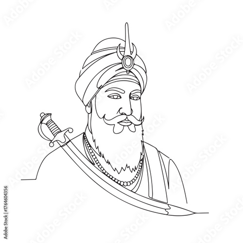 Striking line art portrait of Guru Gobind Singh, a symbol of Sikhism and spiritual leadership