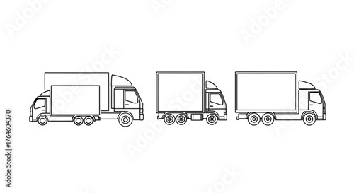 Three detailed line art trucks with cargo boxes for transportation and delivery services vector