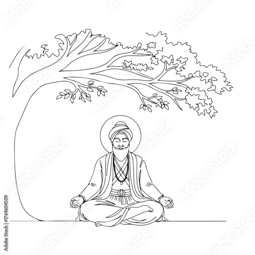Meditative Sikh guru in serene lotus position under sheltering tree, promotes peace and enlightenment