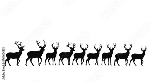 A harmonious line of nine identical stag deer silhouettes, presented in a minimalist black graphic, capturing the serene essence of wildlife and forest creatures