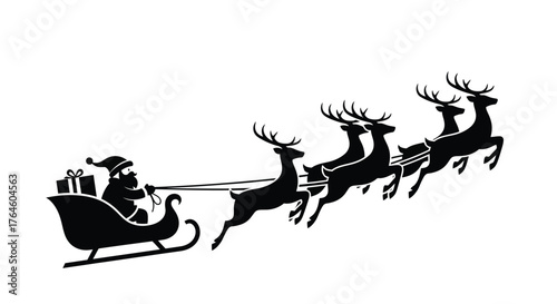 Santa Claus Riding in Sleigh Pulled by Reindeer, Christmas Iconography and Winter Holiday Celebration