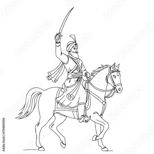 Brave sikh warrior riding horse with raised sword in hand showcasing courage and strength line art