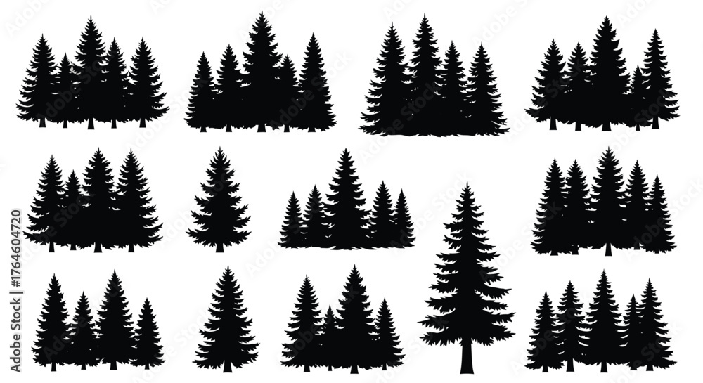 Obraz premium A collection of black pine tree silhouettes and fir forest icons. Vector graphic set for nature and landscape design elements