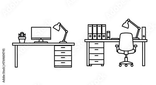 Modern office desks with computers lamps and office supplies line art drawing vector