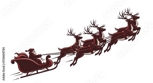 Santa Claus riding in his sleigh pulled by reindeer, a classic Christmas illustration for holiday greetings