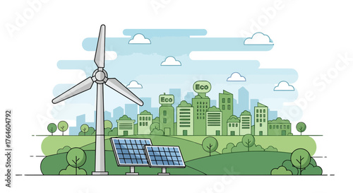Sustainable urban landscape powered by clean renewable energy, showcasing modern wind turbines and solar panels for an eco-friendly and green future city concept