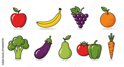 Colorful illustration of various fruits and vegetables perfect for healthy eating, nutrition, and diet concepts