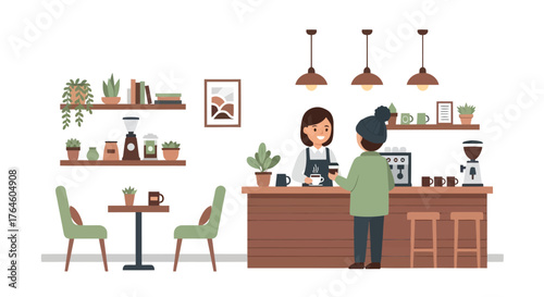 Friendly female barista serving coffee to a customer at the counter in a modern, cozy coffee shop interior with plants and decor