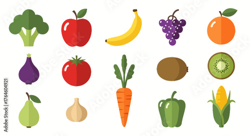 Colorful Flat Vector Icons of Fresh Fruits and Vegetables for Healthy Eating