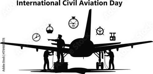 Celebrating international civil aviation day with a silhouette of an airplane and workers