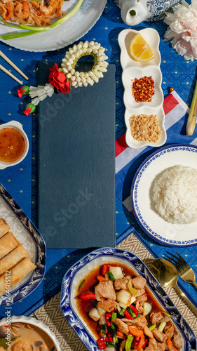 Fotografía Charming Thai dinner spread amidst Songkran serenity, culinary tapestry, vibrant