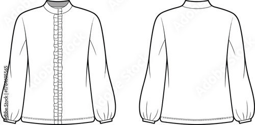 Women’s blouse flat sketch, ruffle front button down design, long sleeve garment drawing, high neckline fashion illustration, cad drawing flat vector illustration