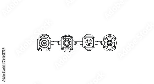 Detailed sketch of four unique charm beads connected together on a silver bracelet chain vector
