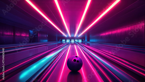 Blue bowling ball striking pins in motion on dark abstract background with city lights and speed blur effects