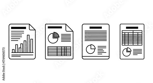Financial documents featuring bar charts pie charts and grids for business analysis vector