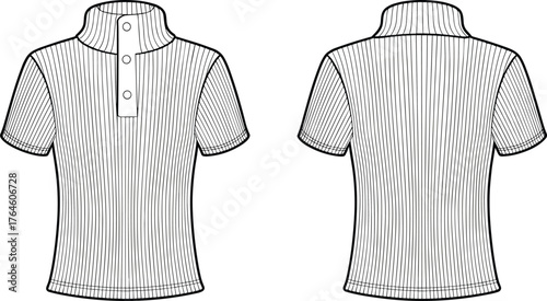 Women’s ribbed knit polo shirt flat sketch, short sleeve design, mock neck collar vector, button placket garment drawing