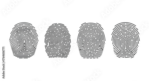 Four unique fingerprint patterns showcasing identity and personal identification security vector