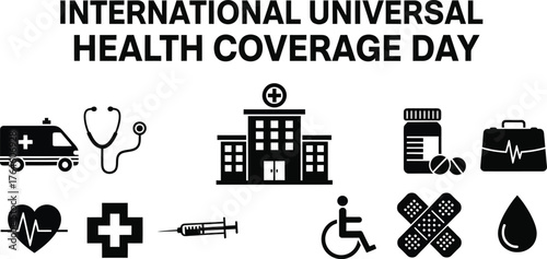 International universal health coverage day logo featuring medical symbols and icons in a clean, minimalist design