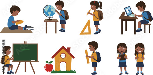 Elementary students studying icons, reading, globe, ruler, computer, blackboard, schoolhouse, backpack, children learning, education set, vector illustration