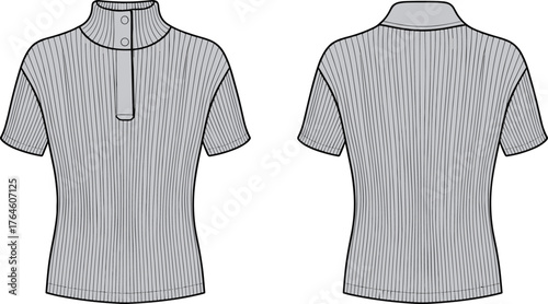 Women’s ribbed knit polo top flat sketch, short sleeve design, mock neck collar vector, button placket garment drawing, cad drawing flat vector illustration