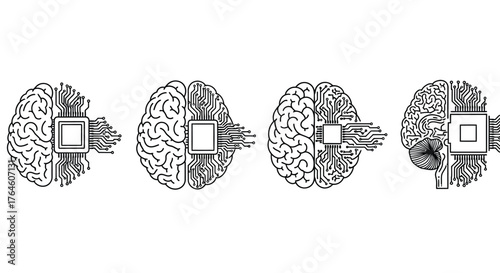 Abstract line art depicting a human brain fused with microchip technology concepts vector