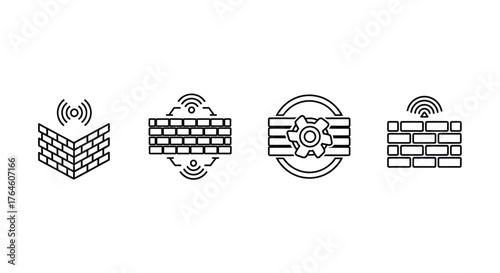 Network security firewall icons representing digital protection and cyber defense systems vector