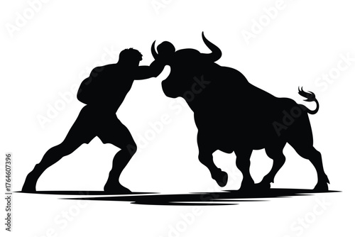 Silhouette of a man wrestling with a bull showing raw strength and motion.