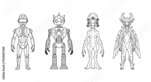 Four diverse futuristic robot characters in a row standing and posed stylized line art vector